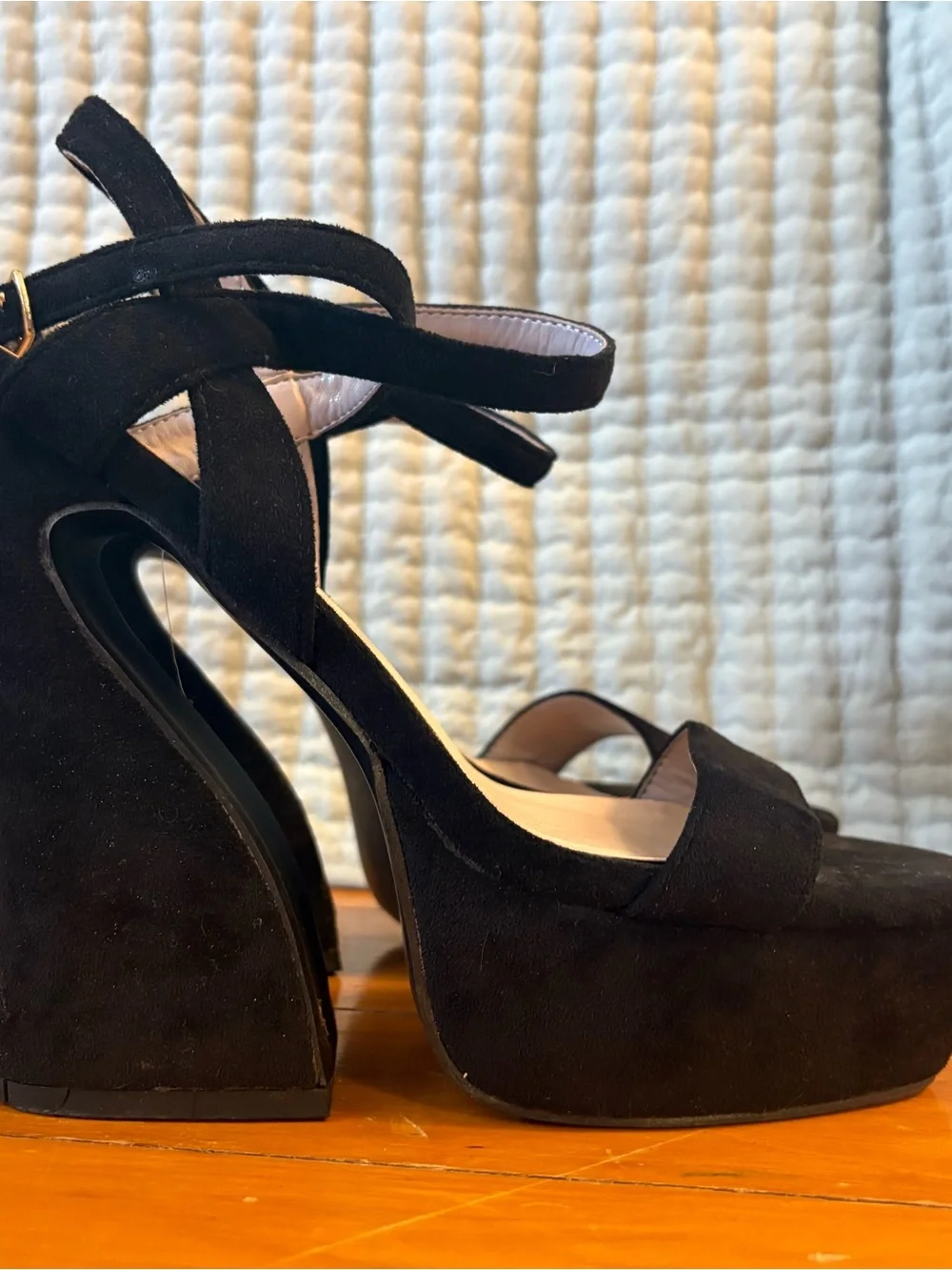 Nasty Gal Black Suede Platform Block Heels with Ankle Straps